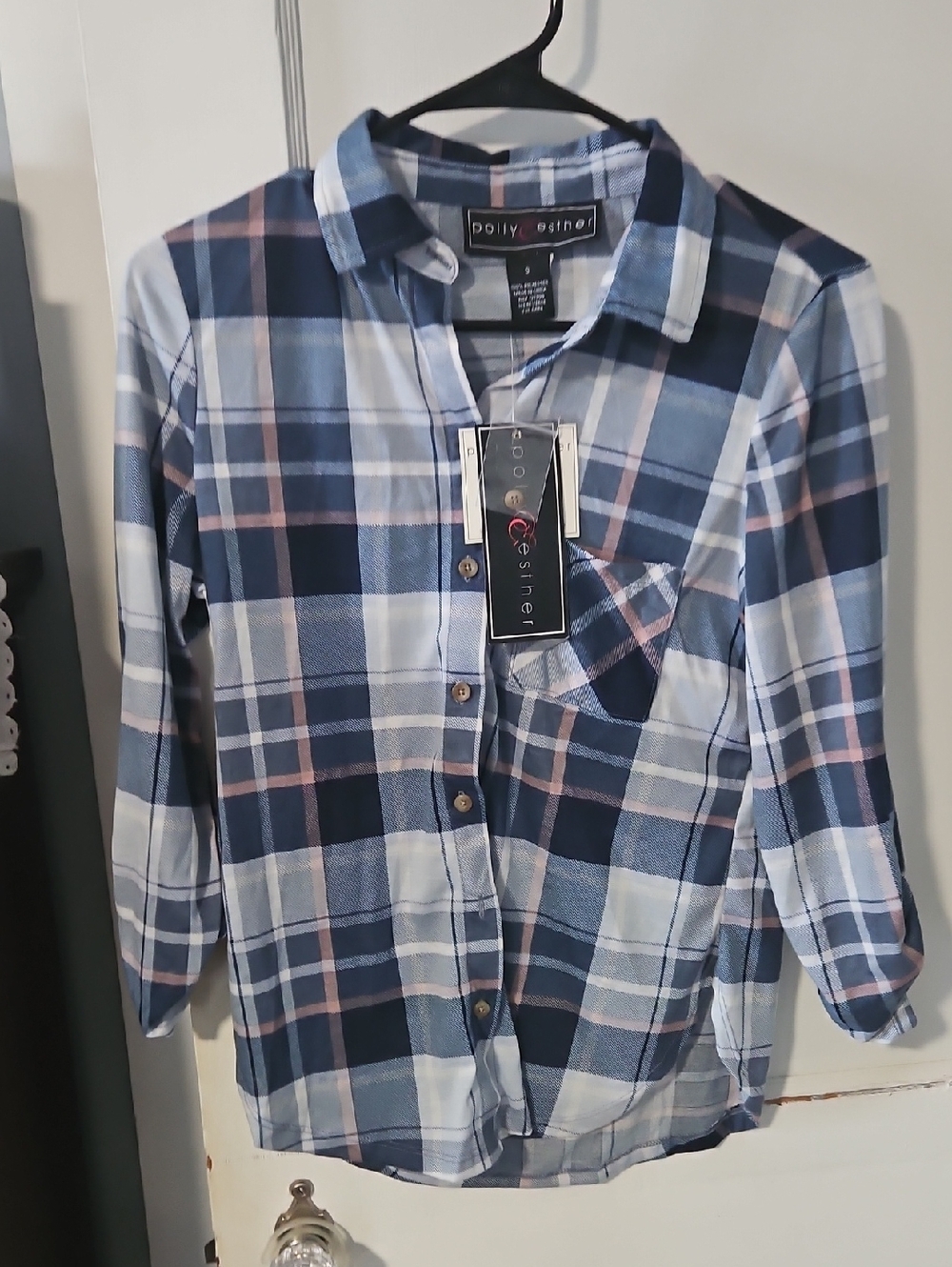 NWT Polly & Esther Blue & White Plaid Button-Up Shirt with Pink Accents